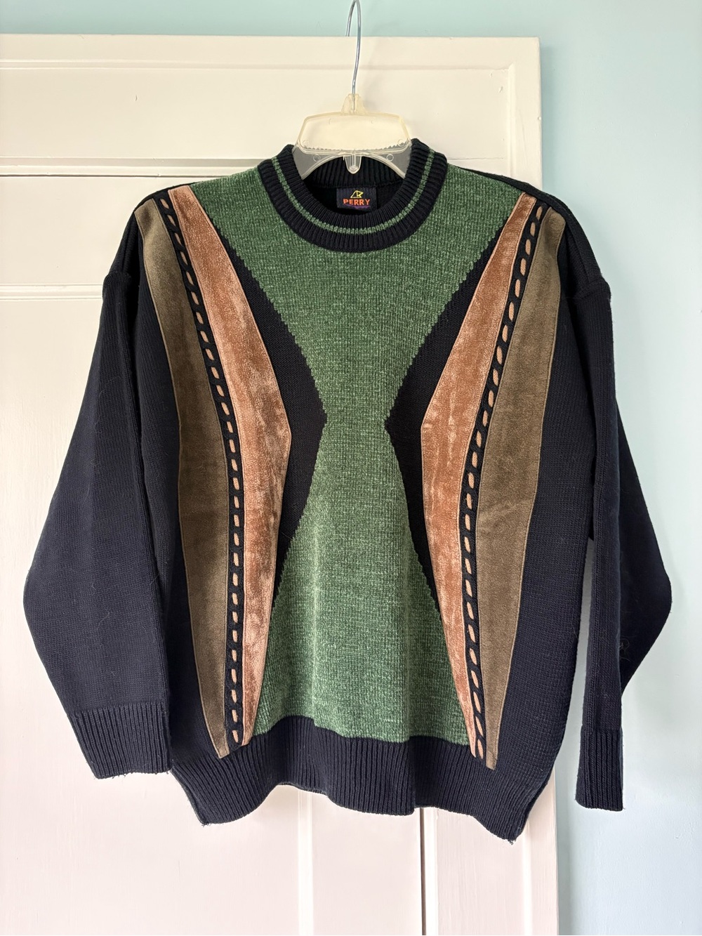 Vintage 80s 90s Leather Suede Patchwork Grandpa Sweater Colorblock Eclectic